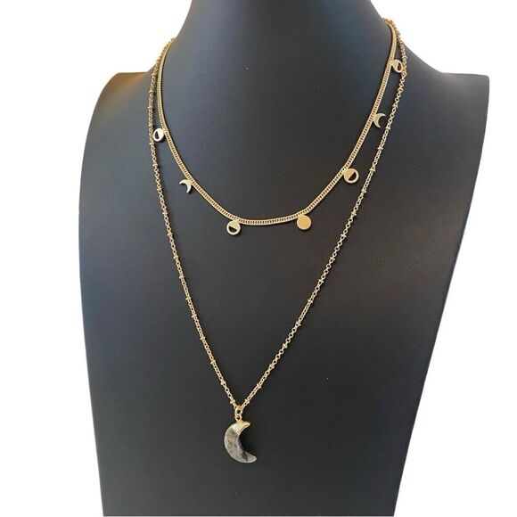 Celestial Layered Necklace in Matte Gold Tone. - Picture 3 of 5